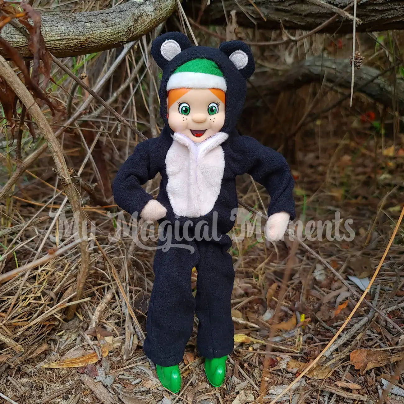 elf wearing a bear costume in the woods