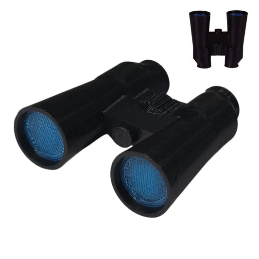 Black Elf binoculars prop with blue lenses on a white background