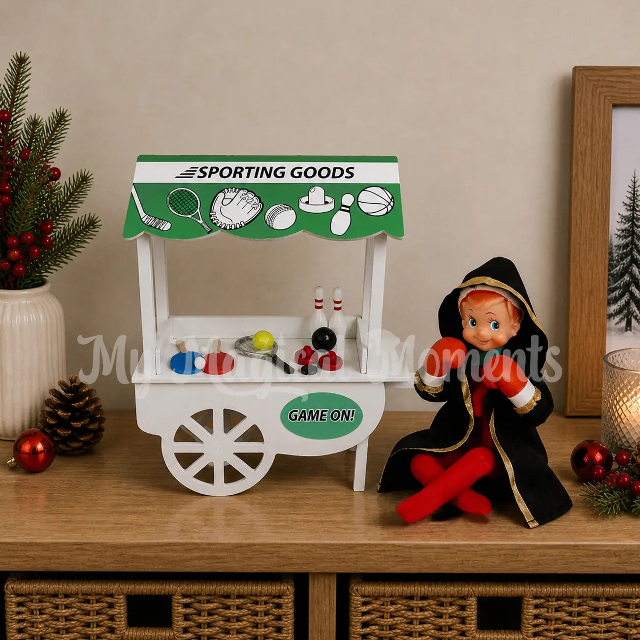 Boxing elf selling sporting equipment