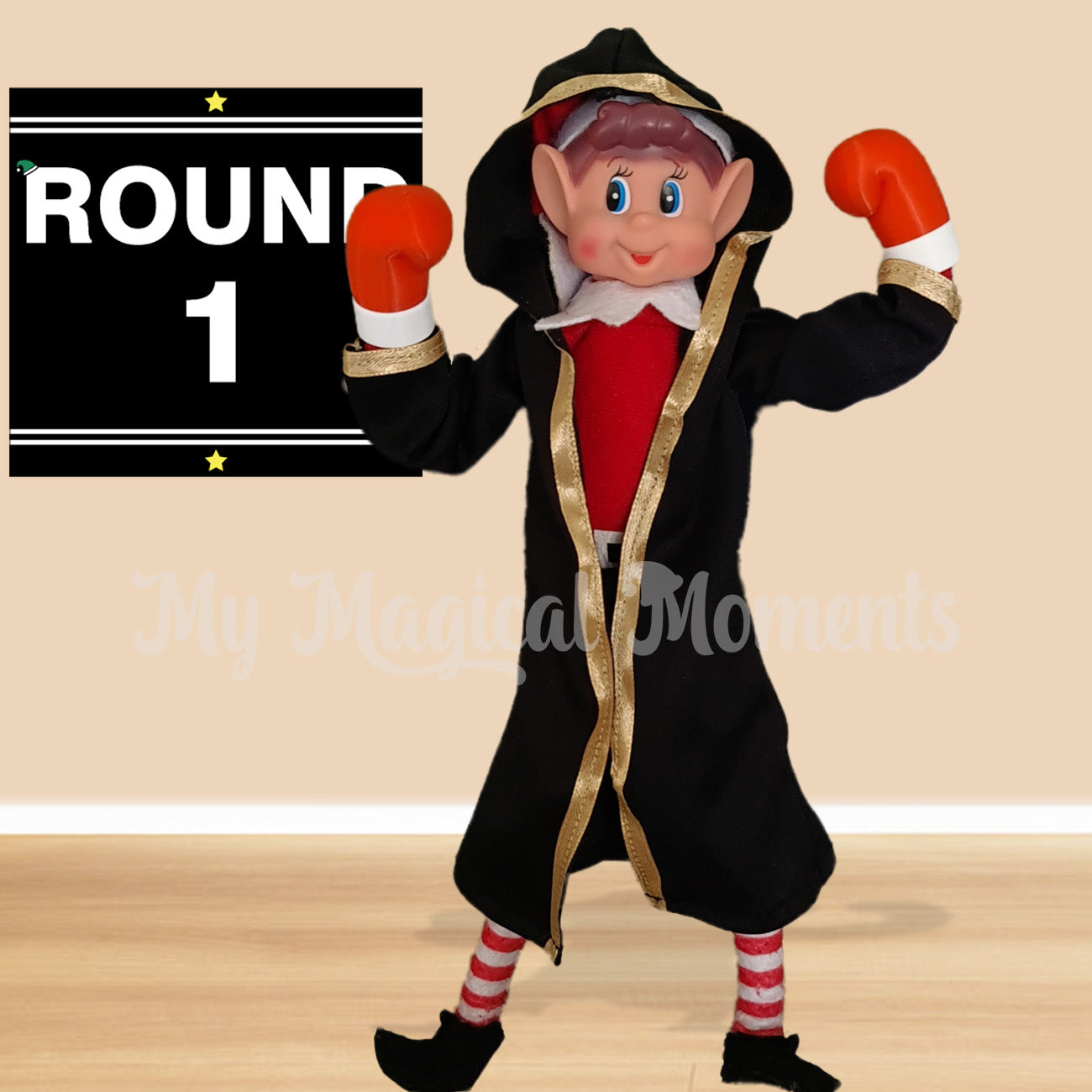Elves behavin badly wearing a boxing outfit with boxing gloves