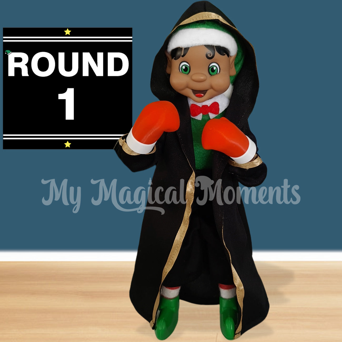 Black hair elf wearing a boxing outfit with red boxing gloves and a black robe