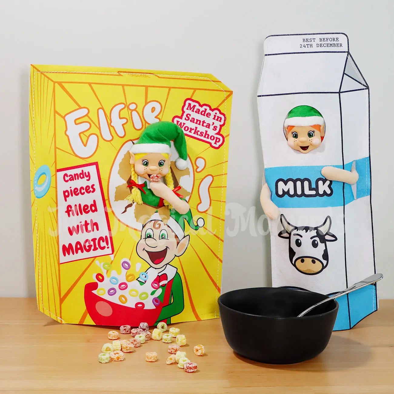 Elves Wearing A Cereal Box Costume and An Elf in a Milk Carton outfit