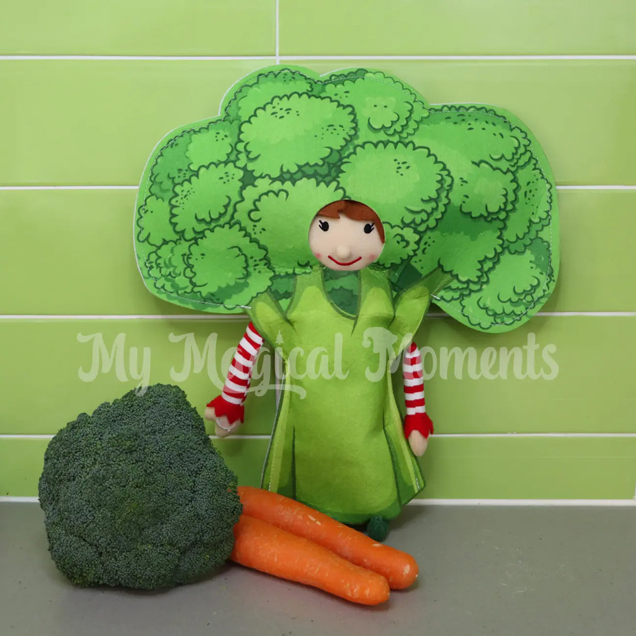 Elf wearing a broccoli outfit with vegetables