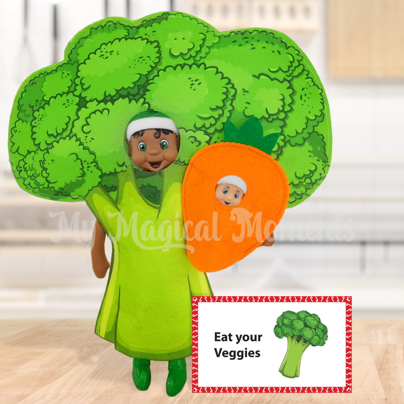 Broccoli Elf Costume worn by Elf Friends with Baby elf dressed in a Carrot costume by My Magical Moments