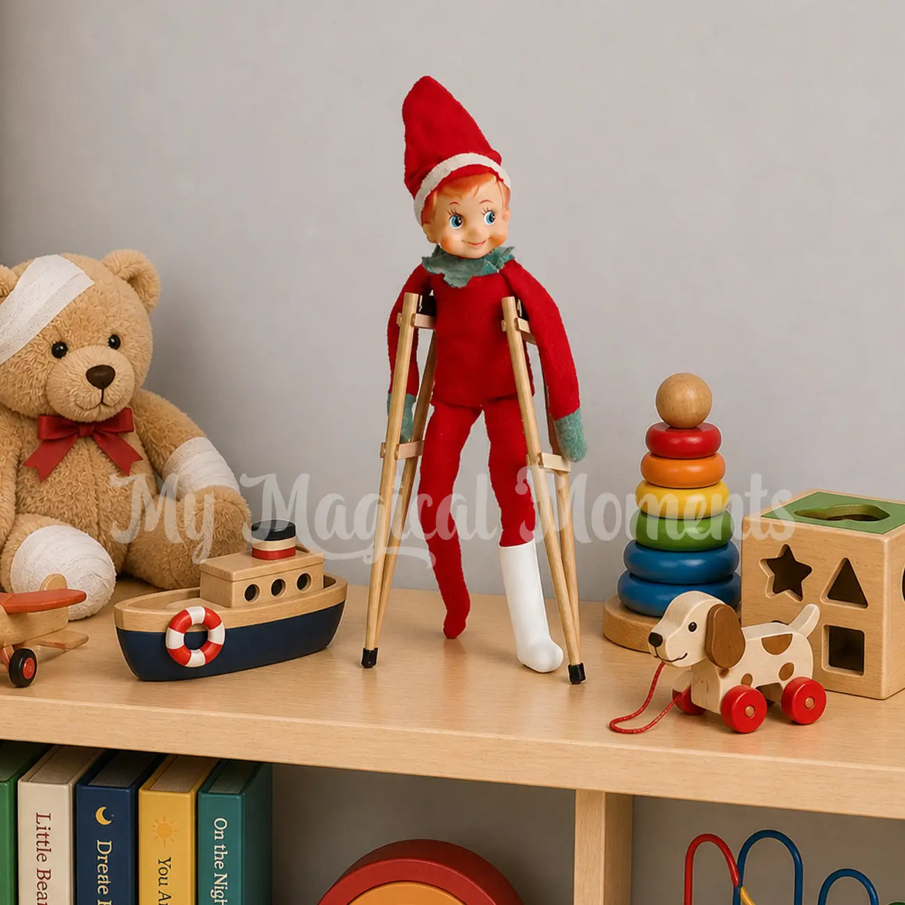 Vintage elf using elf sized crutches and a miniature leg cast
