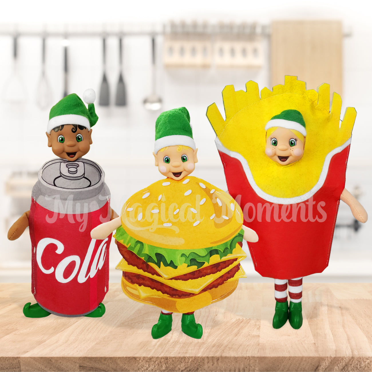 Elf food costumes trio, burger outfit, cola outfit and fries outfit worn by My elf friends