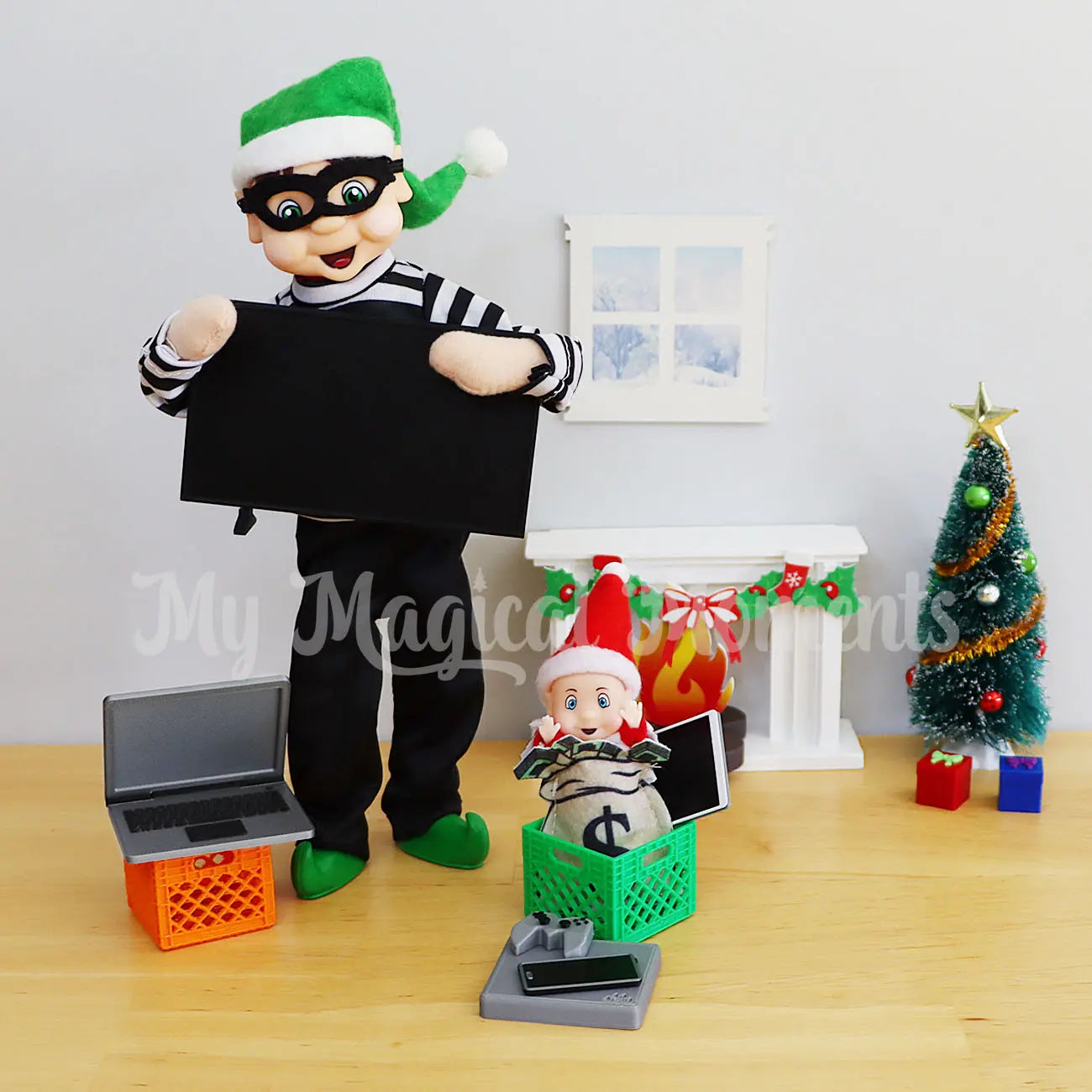 Elf stealing a tv dressed as a robber stealing mini laptops, from a home