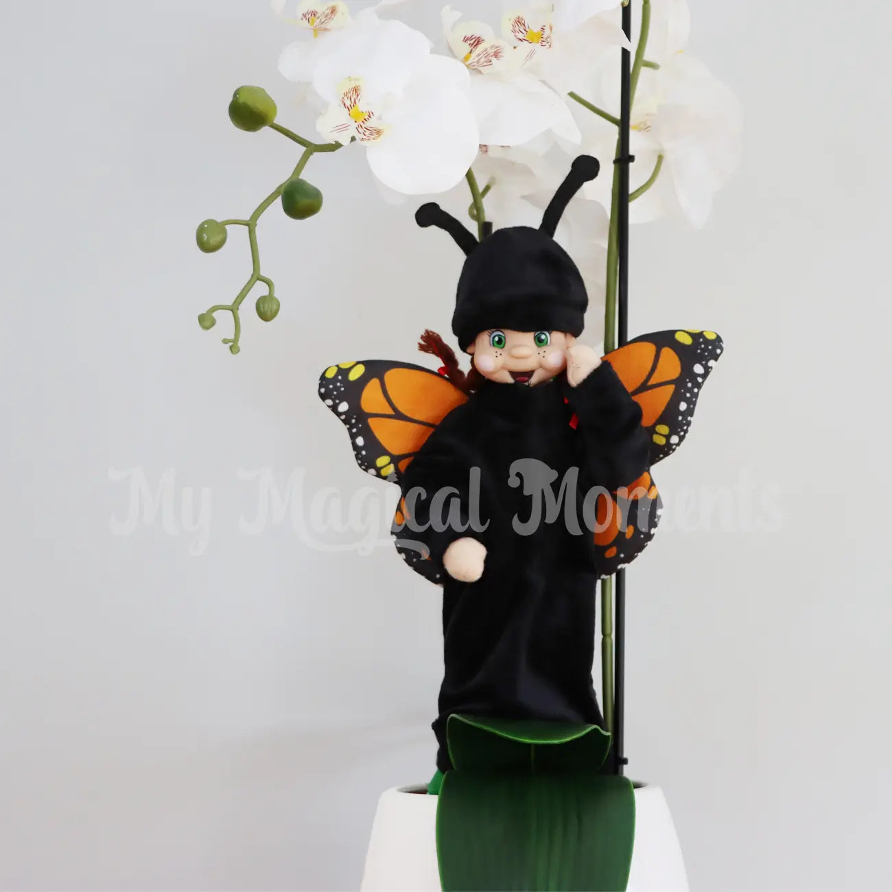 Elf wearing a butterfly costume in a vase