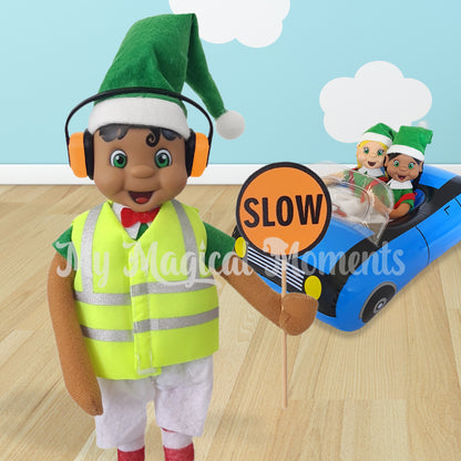 elf Roadworker wearing headphones stopping a car full of elves