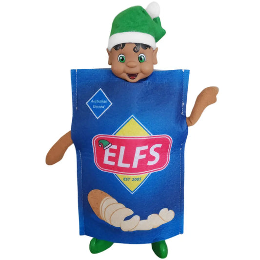 elf wearing a bag of chips costume