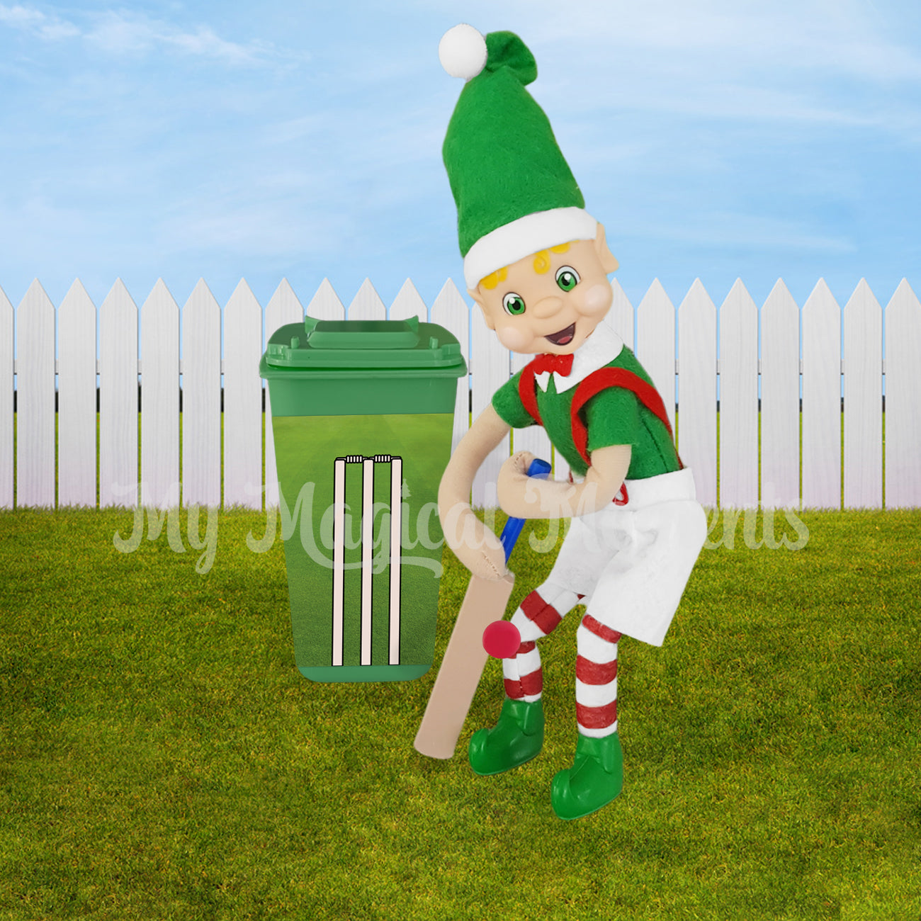 Blonde hair elf playing crickets with a wheelie bin