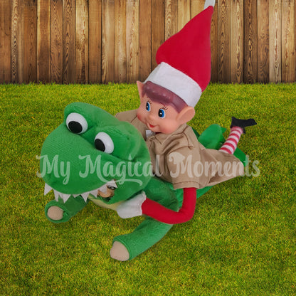 Elves behavin badly dressed as a croc hunter wrestling a crocodile elf