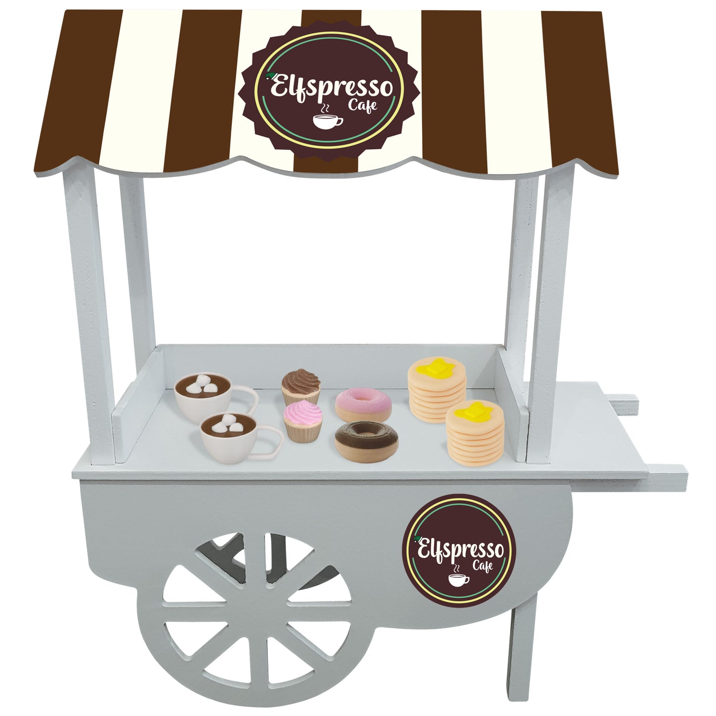 Cafe shop for elves with miniature cocoa, donuts, cupcakes and pancakes