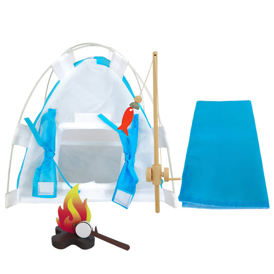 Blue Elf sized camping tent with sleeping bag, fishing rod, fire pit with toasting marshmallows