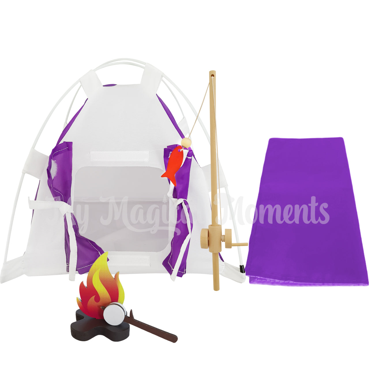 Purple elf camping tent, with miniature sleeping bag, fire pit and fishing rod