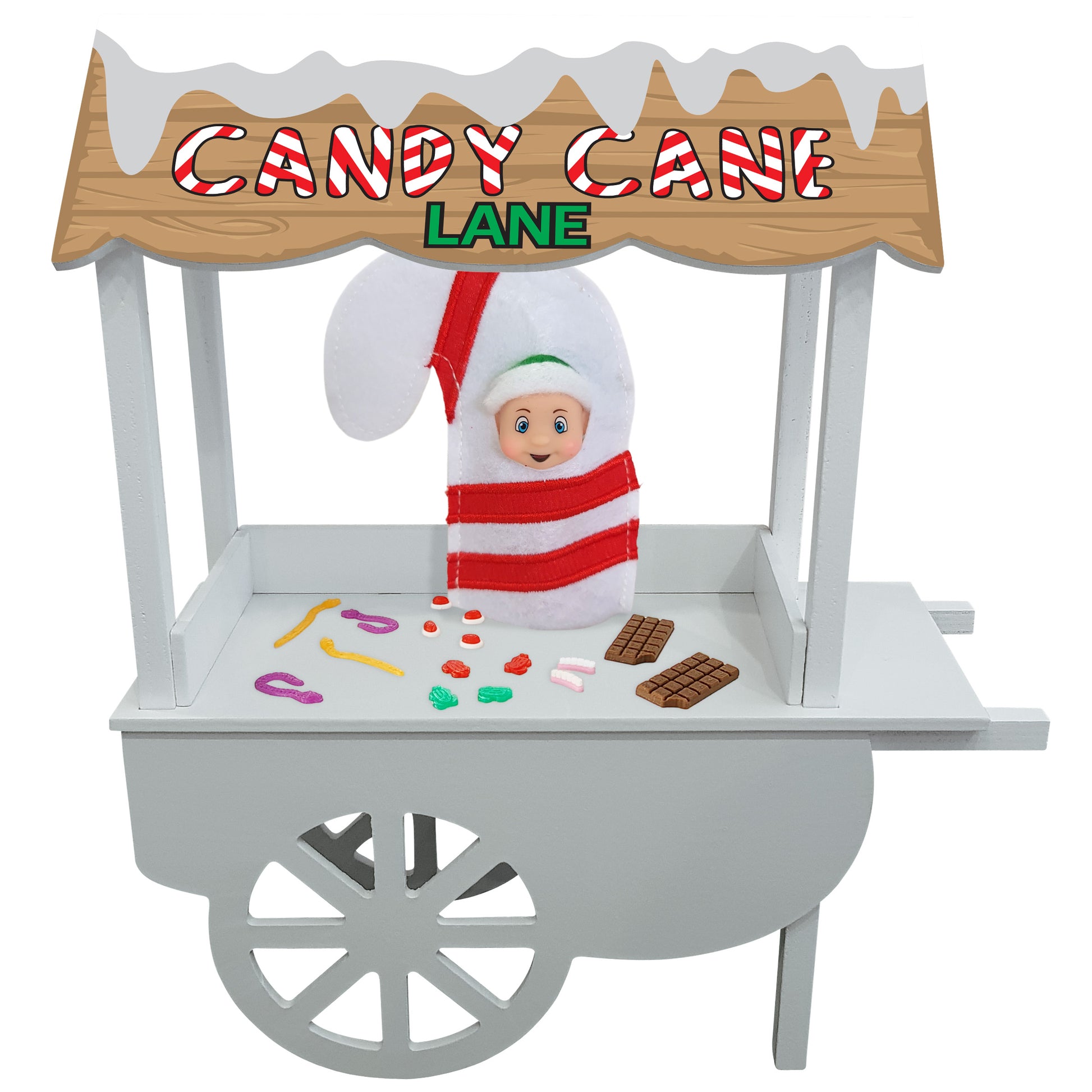 Elf candy store with a miniature baby candy cane, chocolate and lollies