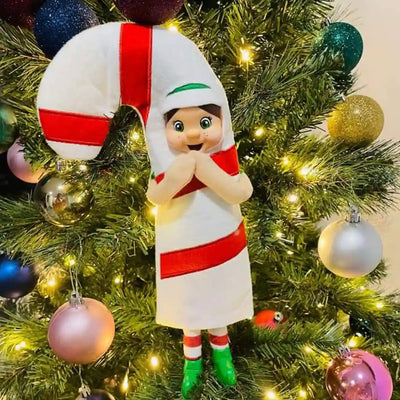 Elf customer candy cane costume scene