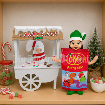Elf dressed as a bag of lollies selling candy