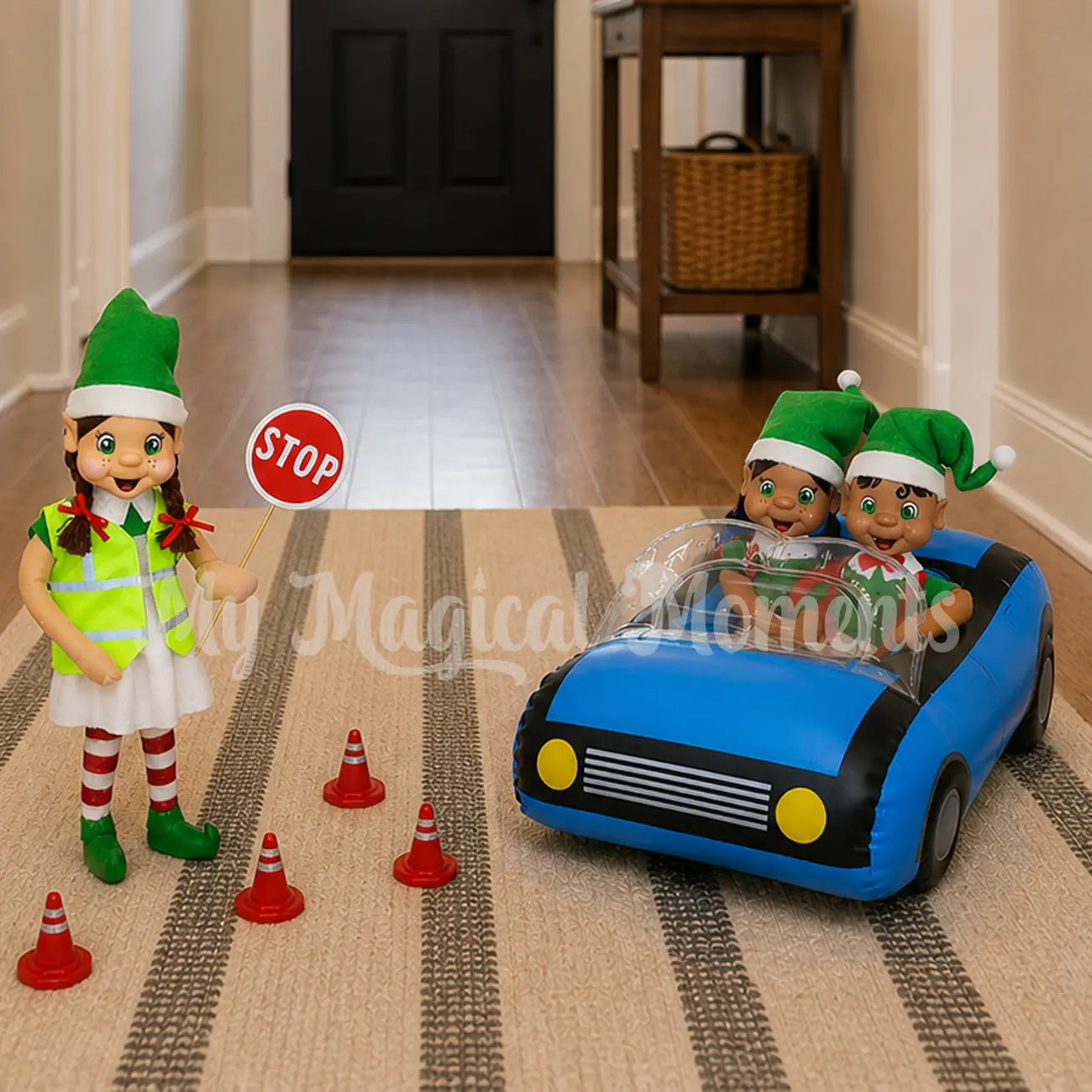 Roadworker dressed elf stopping traffic elves driving a blue car