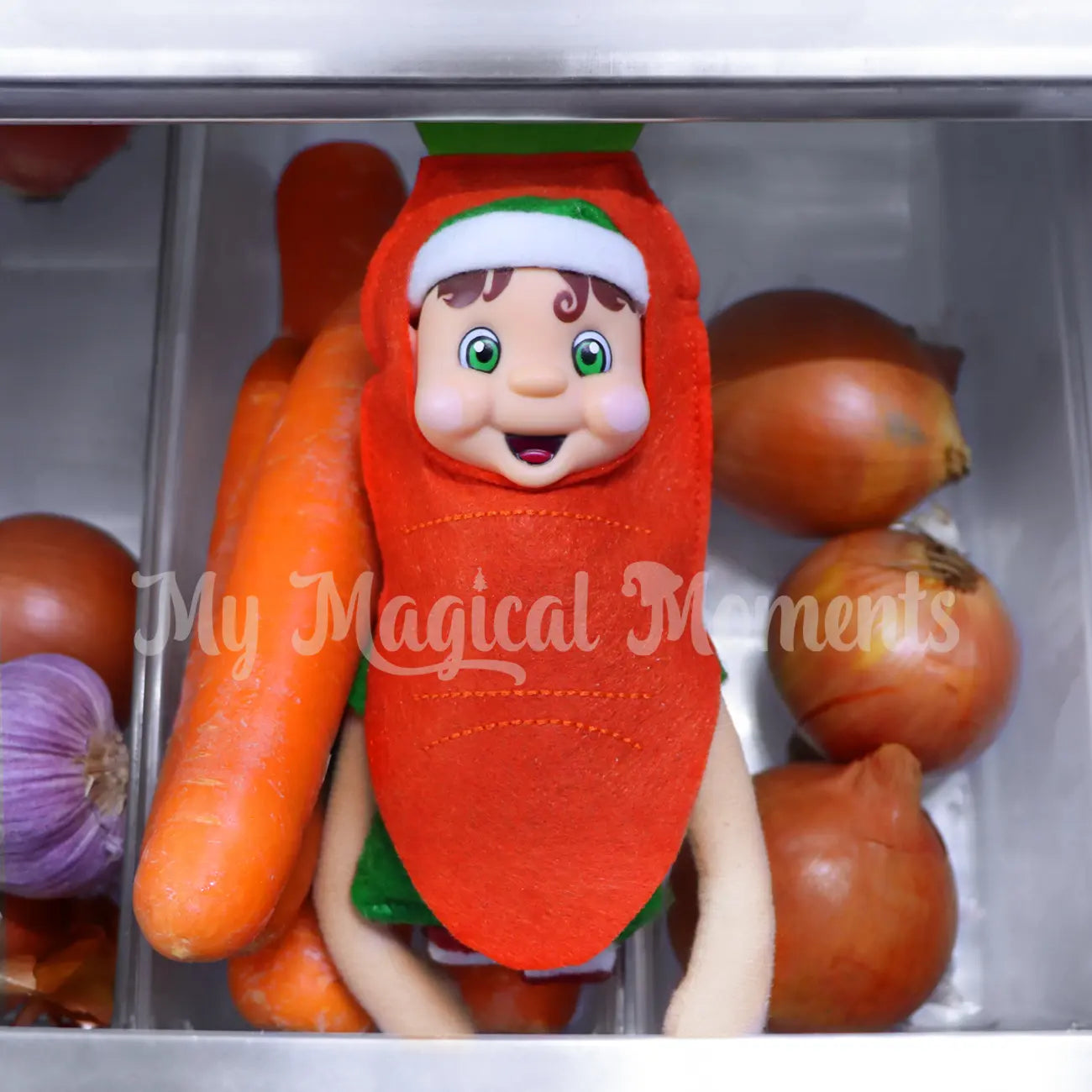 Elf Dressed as a carrot in the fridge