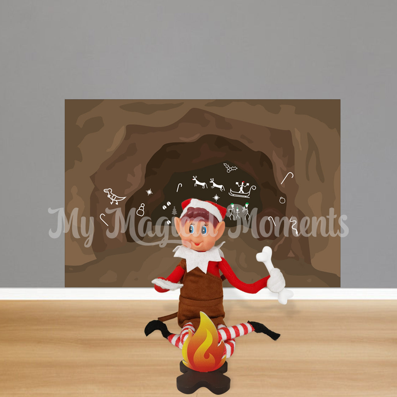 Elf wearing a caveman outfit holding a bone and firepit