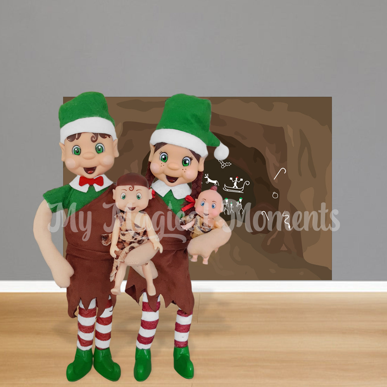Caveman elf family in front of a printable cave