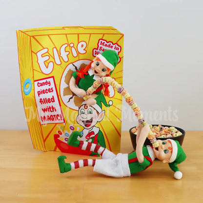Elves using magic to eat cereal one wearing a cereal box costume