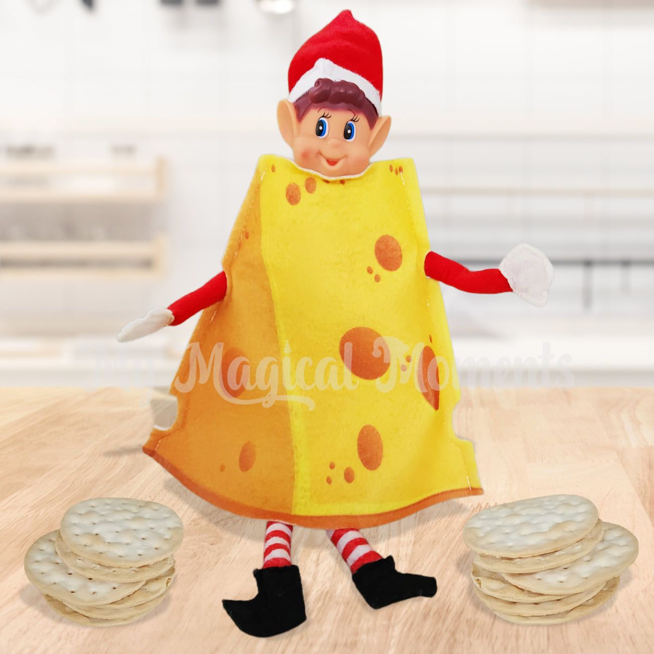Elf wearing a cheese costume with crackers