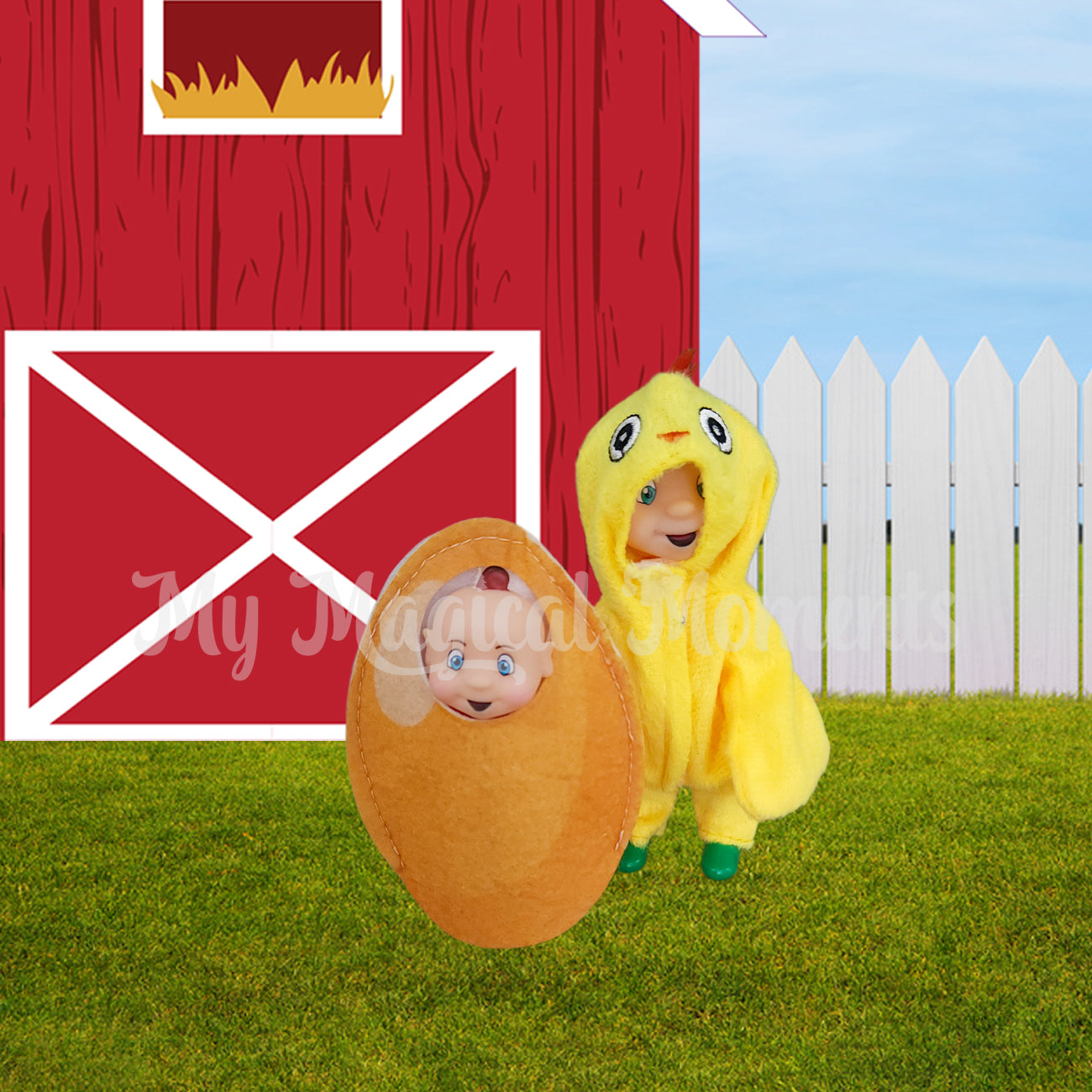 Chick & Egg Elf Costume worn by elf baby and elf toddler in a scene with barn printable