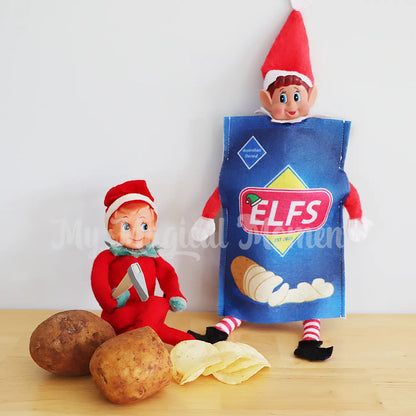 Elf cutting potato chips for elf dressed as chips