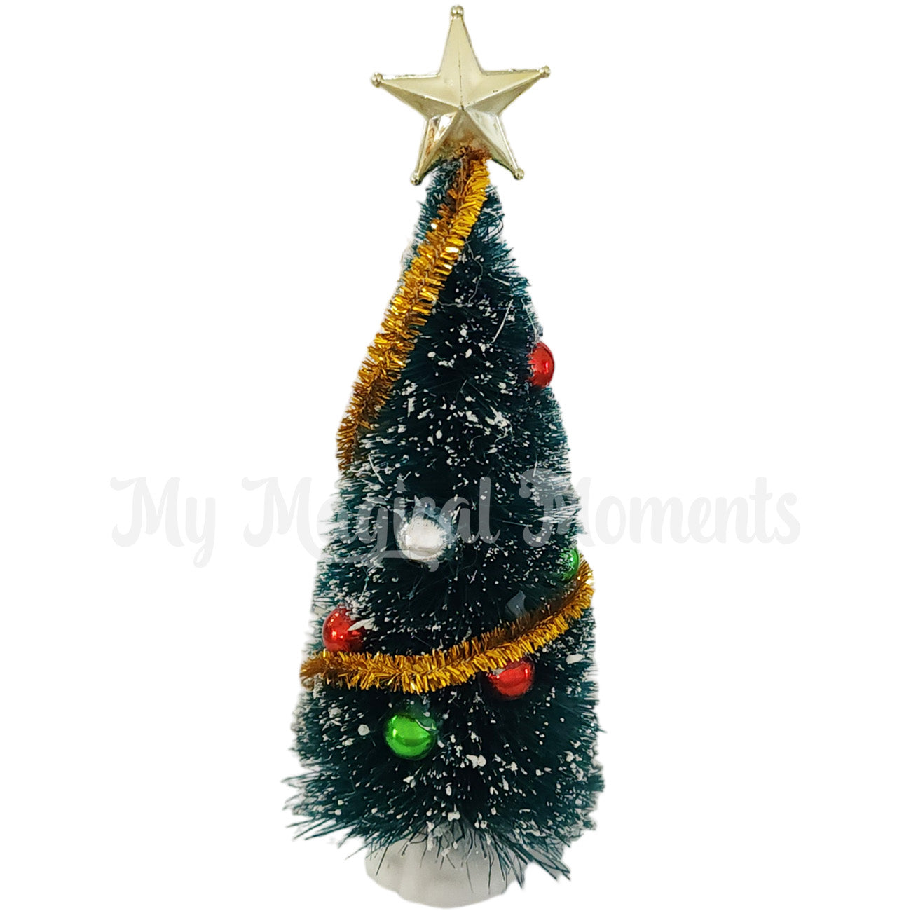 Miniature Christmas tree decorated with baubles, star and tinsel. Elf house accessory