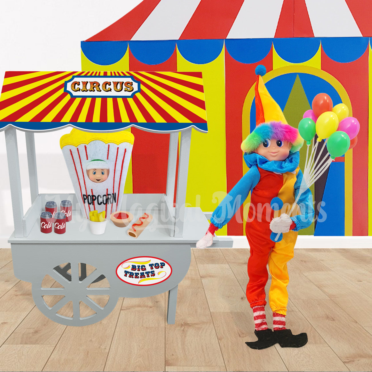 Elf dressed as a clown selling snacks at a circus
