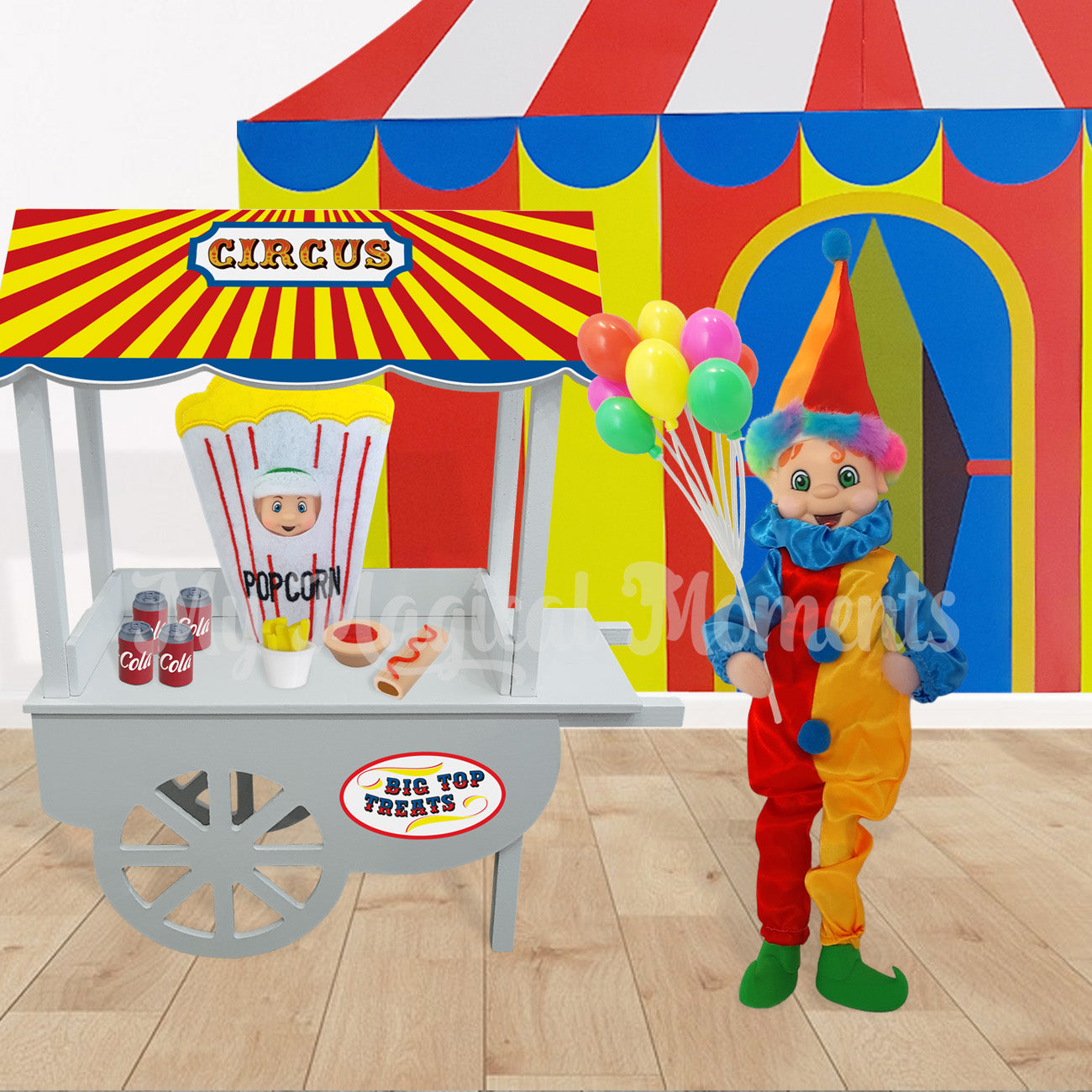 Elf selling treats dressed as a clown