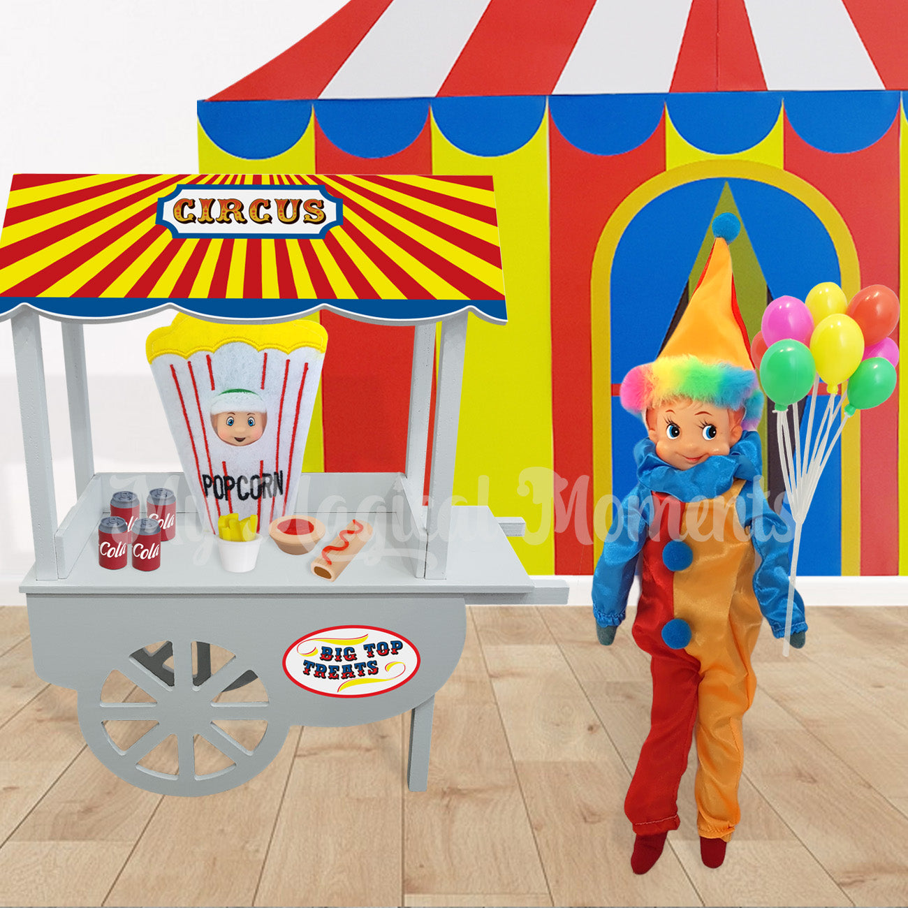 Clown elf selling circus snacks including miniature popcorn, cola, pie and sausage rolls