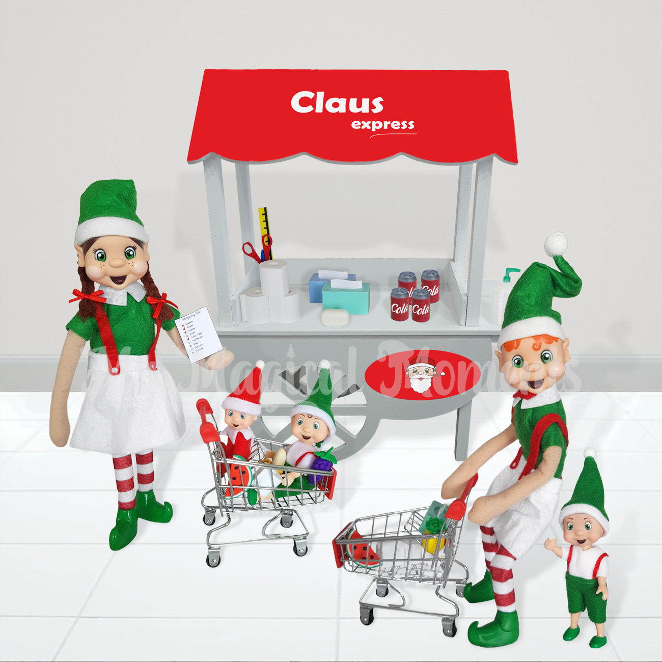 Elf Shopping at a mini mart, claus express. With miniature elf shopping props. She has a shopping list and elf toddler, Baby toddler in her shopping cart