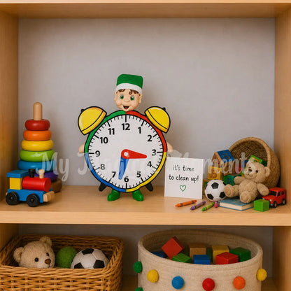 My Elf Friends, Elf wearing a clock costume in a messy playroom. time to clean up room, messy room idea