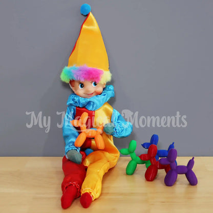 An elf dressed as  a clown making balloon animals