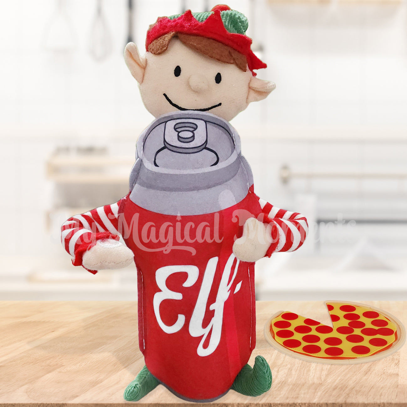 Cola costume with pizza prop in a scene with Elf for Christmas By My Magical Moments