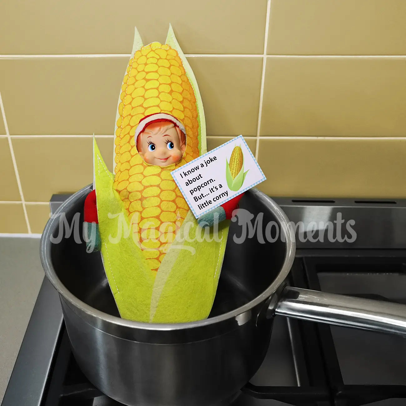 Elf wearing a corn outfit telling a joke