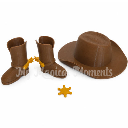Elf sized cowboy boots sheriff star and cowboy hat