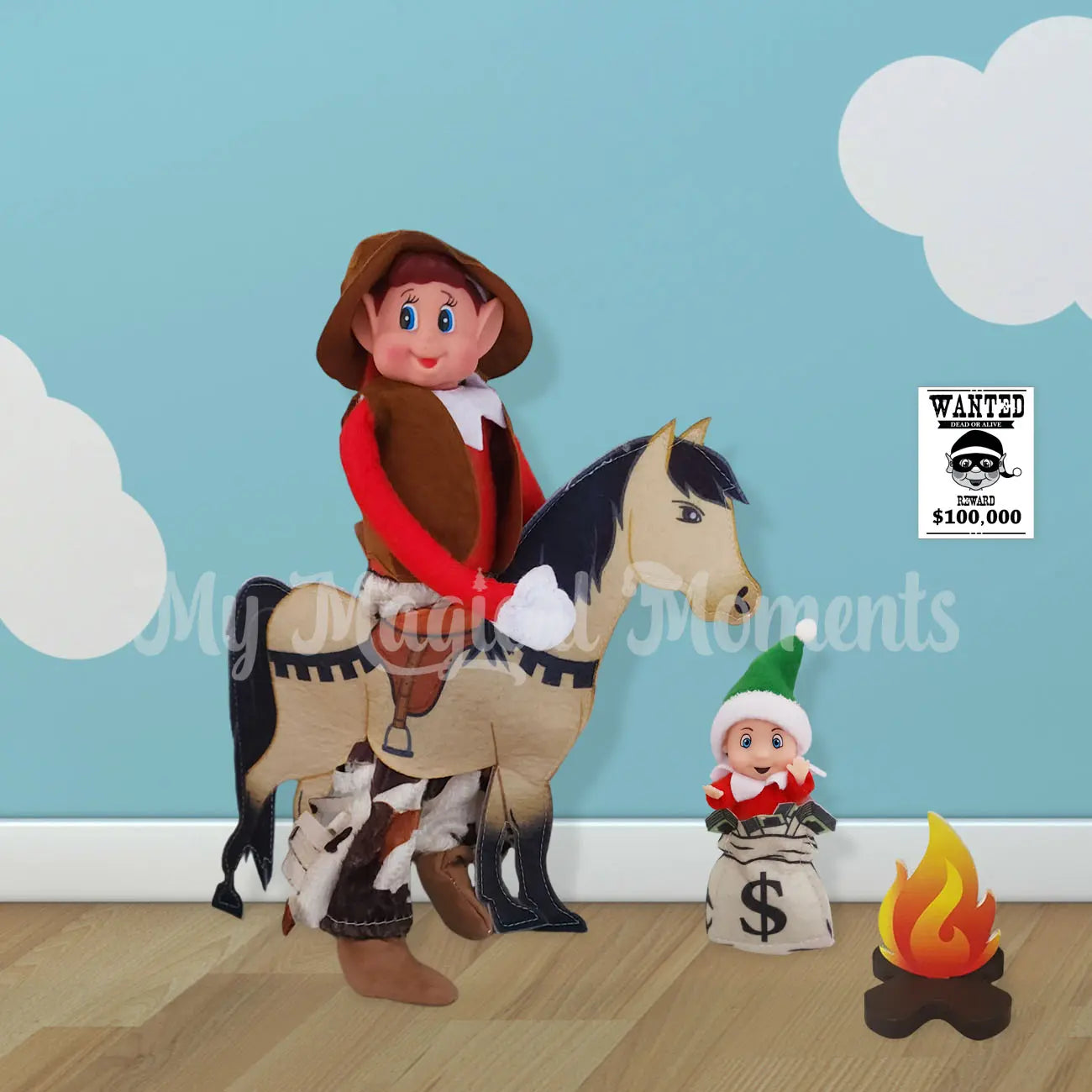 elf dressed as a cowboy wearing a horse costume, baby money and a firepit