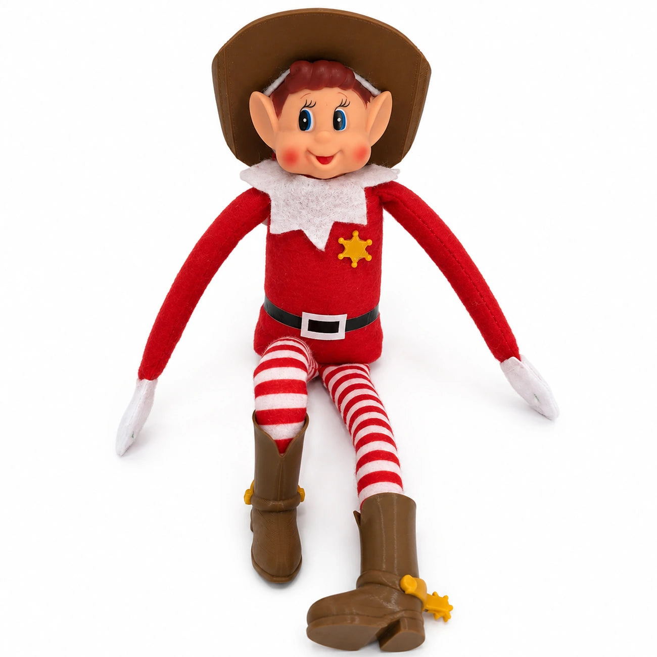 Elf wearing a brown cowboy hat, brown cowboy boots with gold spurs and a gold sheriff badge