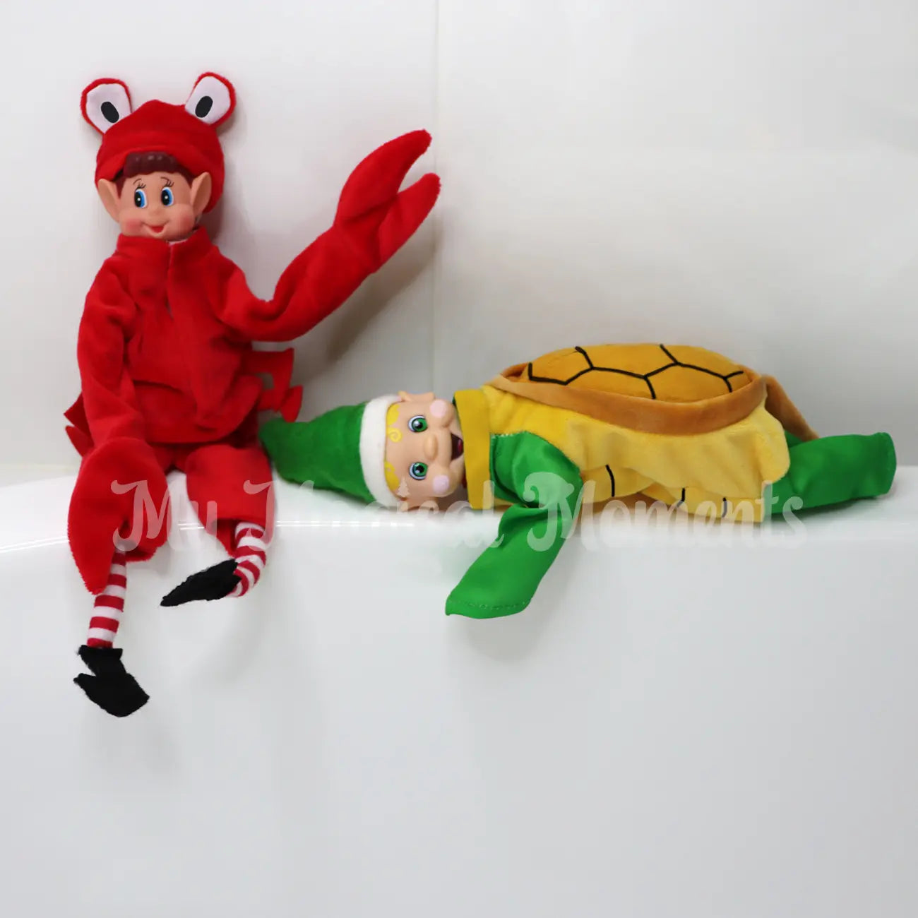 Elf dressed as a crab and turtle in the bathroom