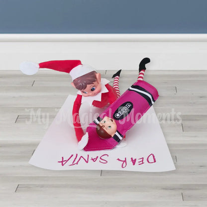 Elves behavin badly elf writing a letter to santa with a elf toddler dressed as a purple crayon