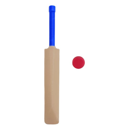 elf cricket bat with blue handle and red miniature cricket ball