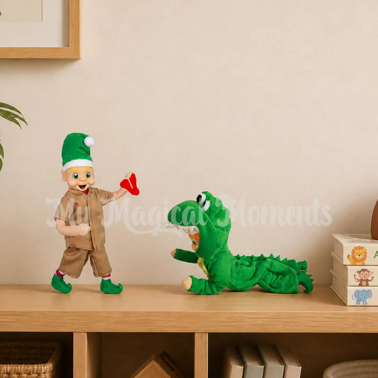 Steve irwn inspired elf dressed as a croc hunter feeding a crocodile elf miniature steak