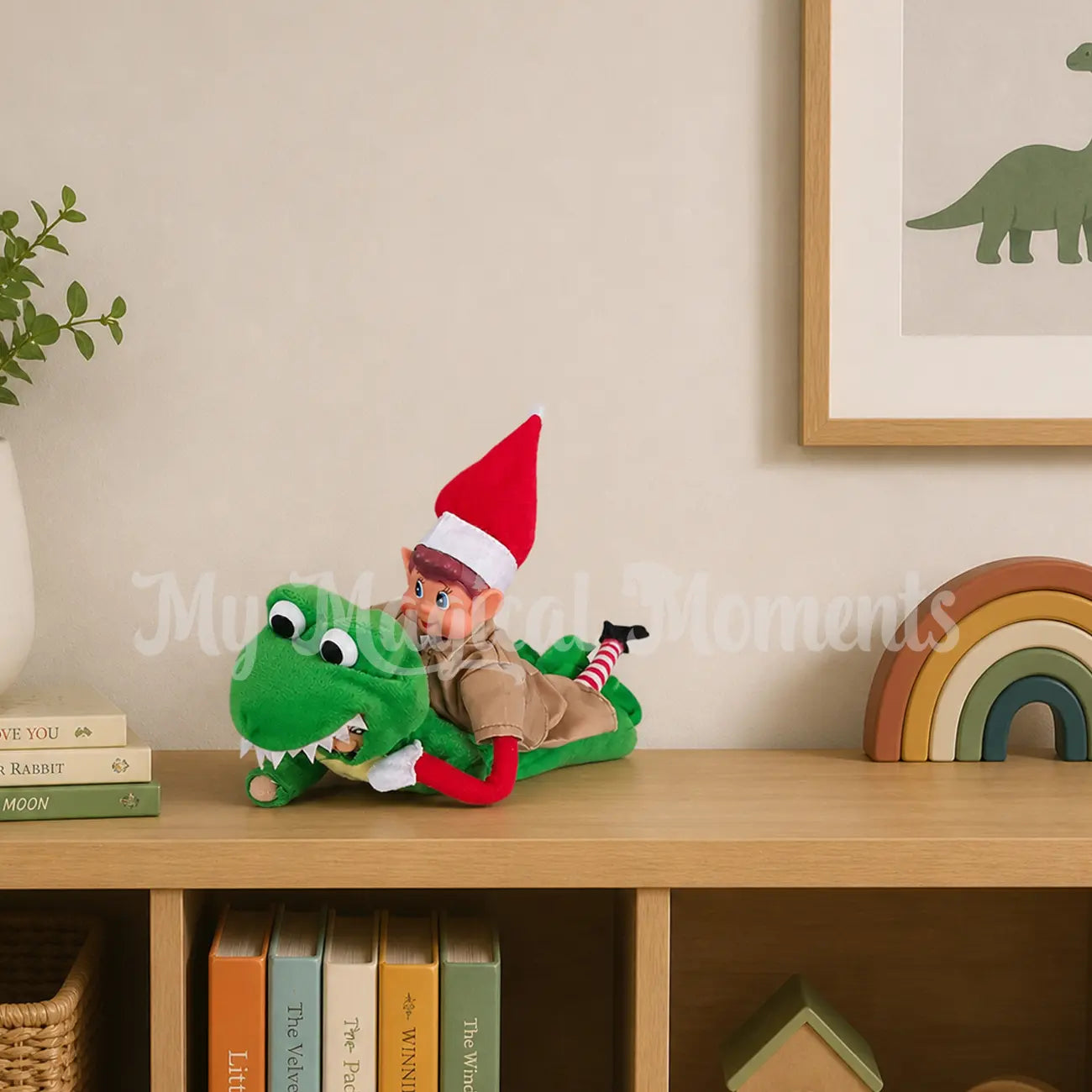 Elves behavin badly dressed as a croc hunter wrestling a crocodile elf