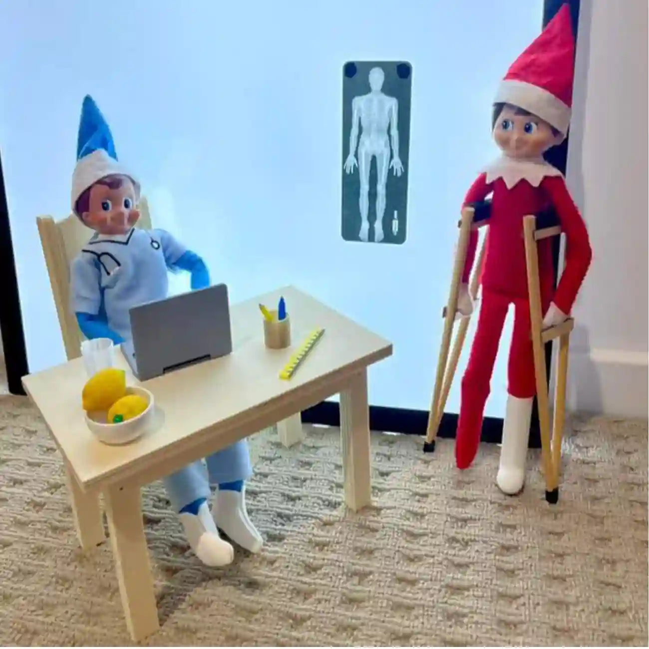 Elf customer crutches scene