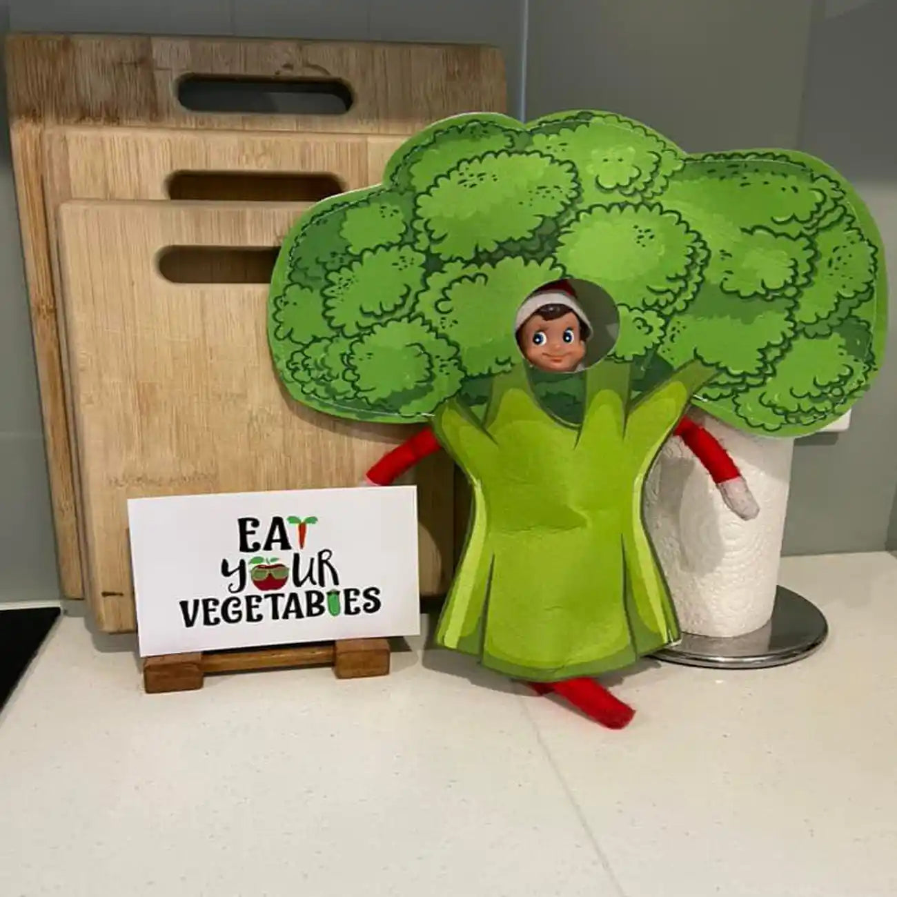 elf wearing a broccoli costume customer photo