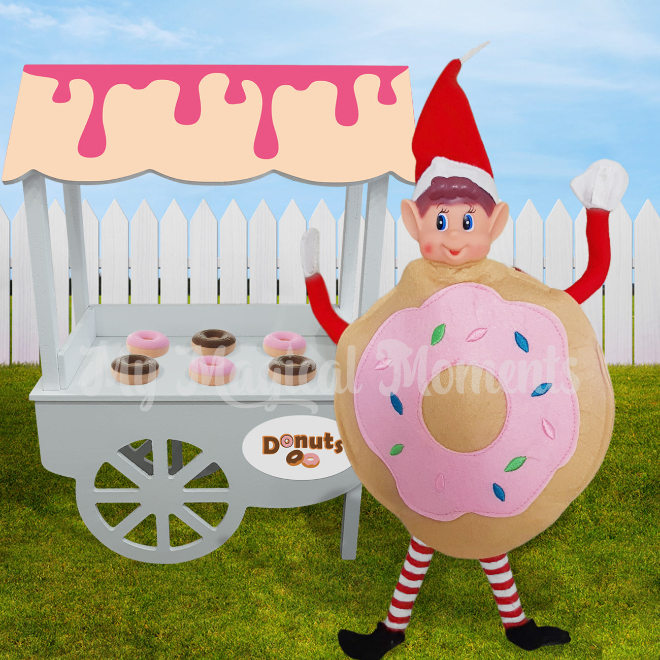 Elves behavin badly wearing a pink donut costume selling doughnuts